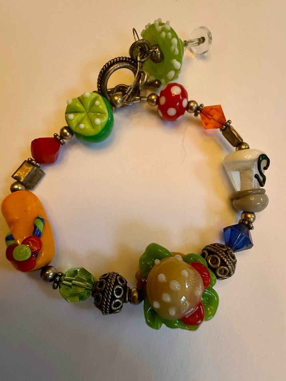 Tropical Margaritaville Style Lampwork Glass Bead Charm Bracelet 8”